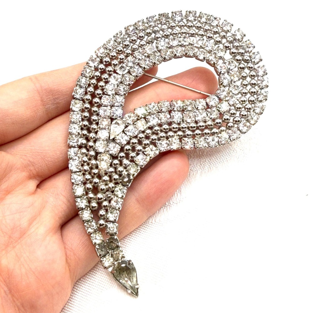 Vintage Kirks Folly Big 4" Abstract Wing Crystal Rhinestone Silver Tone Pin